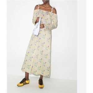 GANNI NWT $295 Crinkled Satin Floral Ruffle Strap Maxi Slit Dress Size 42 L